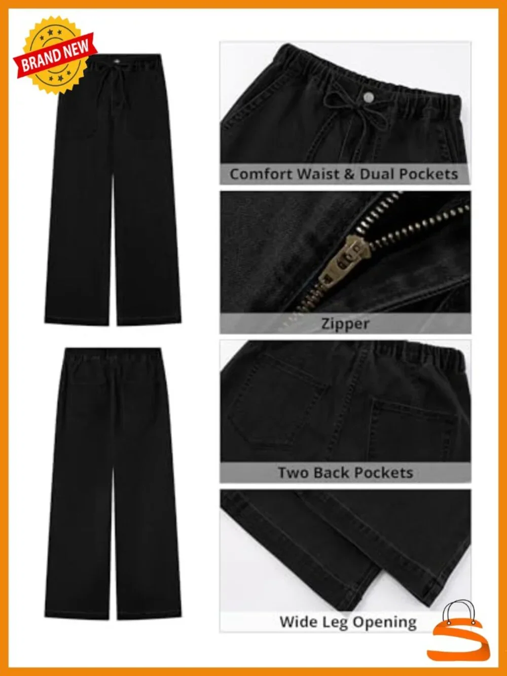 Wide Leg Drawstring Tie Elastic Waist Stretchy Denim High Waisted Jeans Trouser